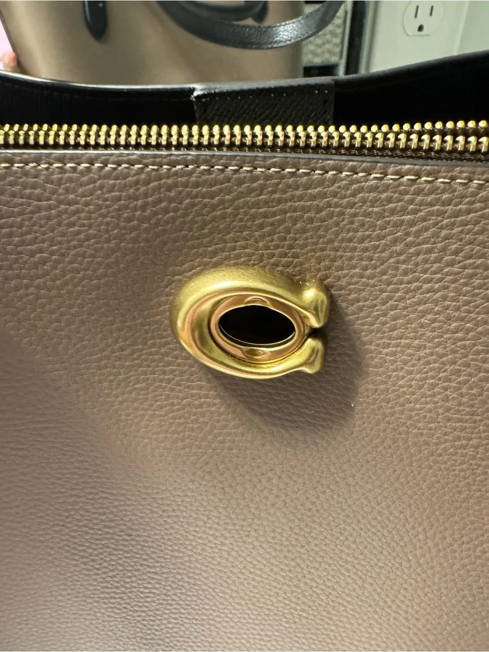 Coach Two-Tone Pebbled Leather Tote Bag in Taupe and Black - Picture 2 of 8